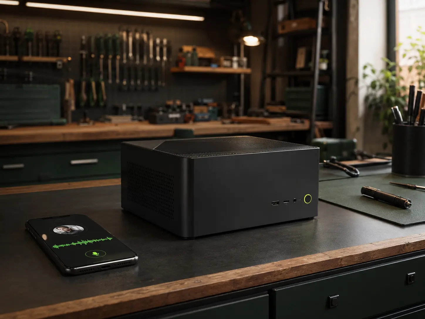 Mini PC de UNO y un teléfono móvil sobre el mostrador de un pequeño negocio